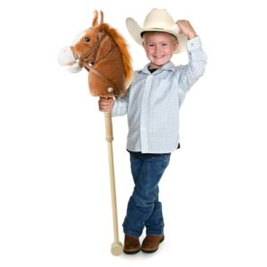 HollyHOME Outdoor Stick Horse with Wood Wheels Real Pony Neighing and Galloping Sounds Plush Toy Dark Brown 36 Inches(AA Batteries Required)