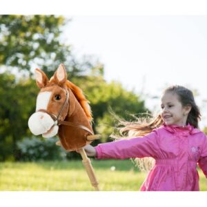 HollyHOME Outdoor Stick Horse with Wood Wheels Real Pony Neighing and Galloping Sounds Plush Toy Dark Brown 36 Inches(AA Batteries Required)