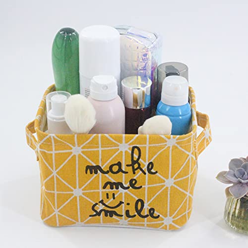 Mziart Small Foldable Canvas Storage Basket Cotton Fabric Mini Portable Storage Bin Nursery Organizer Box for Makeup Toys Shelves & Desks (Yellow)