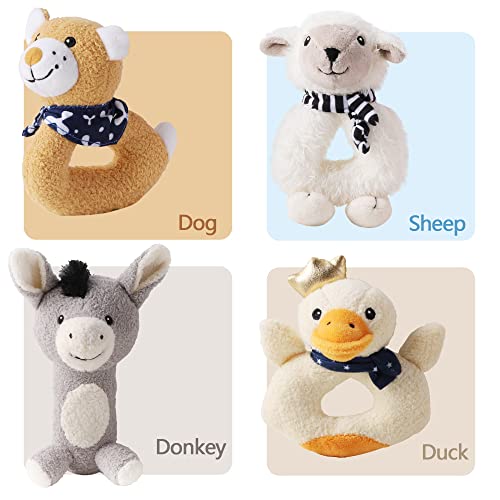 iPlay, iLearn Plush Baby Rattle Toys, Newborn Soft Barn Farm Stuffed Animal Set, Infant Hand Sensory Development, Girls Boys Stuff, Easter Birthday Shower Gift Basket Stuffer 3 6 9 12 Month 1 Year Old