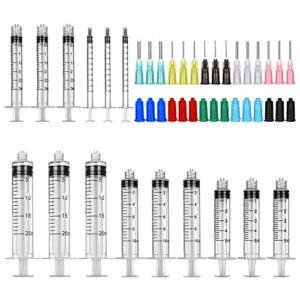 blunt tip food syringe with needle - resin refilling glue lube liquid plastic syringes, 15 pack - 20, 10, 5, 3, 1ml/cc syringes for lip gloss base ink precision oil craft applicator