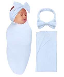 rative 4-way direction stretch fabric baby swaddle receiving blankets with headband for unisex newborn baby boy girl (white(blanket+headband))