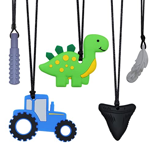 Chew Necklace for Sensory Kids, 5 Pack Chewy Necklaces for Boys and Girls with Autism ADHD SPD and PICA,Fidget Necklaces for Adults, Chewable Silicone Pendants for Reducing Fidget