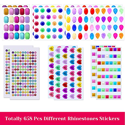 Selizo Craft Gems Self Adhesive Rhinestones Stickers Jewel Stickers Craft Jewels Stick On Gems Bling Crystal Diamond Stickers for Crafts, Assorted Shapes, Sizes and Colors (658Pcs, 14 Sheets)