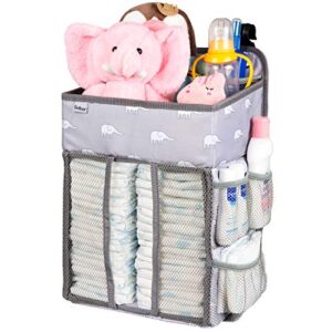 hanging nursery organizer and baby diaper caddy, selbor diapers stacker storage bag for changing table, crib, playard or wall - nursery organization & baby shower gifts for newborn (elephant)