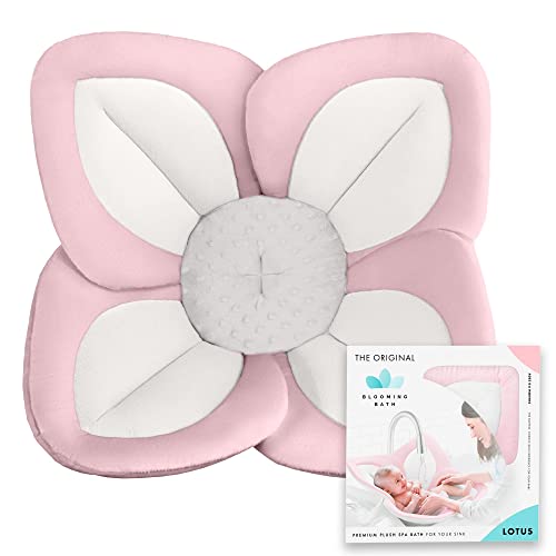 Blooming Bath Lotus Bath Baby Bath Seat - Plush Minky Baby Sink Bathtub Cushion - The Original Washer-Safe Flower Seat for Newborns - Pink/White/Gray