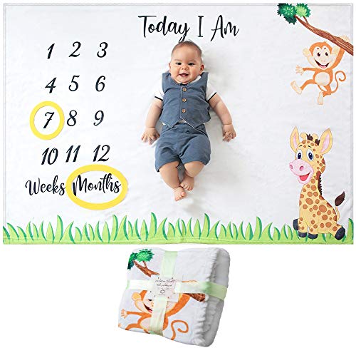 Baby Monthly Milestone Blanket | for Newborn Boy or Girl, Unisex | Month Blanket Baby for Pictures | Jungle Safari, Giraffe & Monkey Theme | Personalized Shower Gifts New Moms | Track Age & Growth