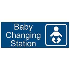 new baby changing station sign, 8 x 3 in with english and symbol, blue for men, women, unisex