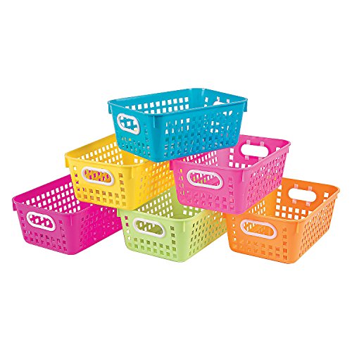 Neon Tall Plastic Storage Baskets with Handles - Set of 6 - Classroom, Kids Room, Daycare, Montessori Sorting Bins