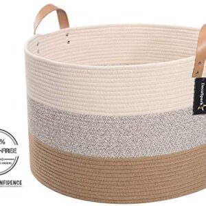 Decospark XXXL Cotton Rope Basket for Toy and Blanket Storage| 21.7" x 13.8" | Soft Long Handles | Decorative Home Organizer Ideal for Living Room, Baby Clothes and Laundry (Camel Grey and Cream)