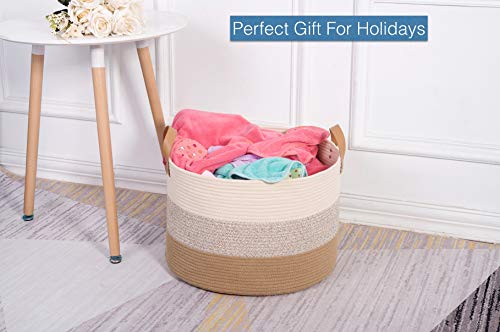 Decospark XXXL Cotton Rope Basket for Toy and Blanket Storage| 21.7" x 13.8" | Soft Long Handles | Decorative Home Organizer Ideal for Living Room, Baby Clothes and Laundry (Camel Grey and Cream)