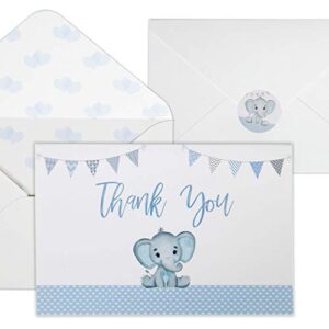 vns creations 50 baby shower thank you cards - boy baby shower thank you cards- baby shower cards - elephant baby shower thank you cards - baby boy shower card with envelopes & stickers (blue)