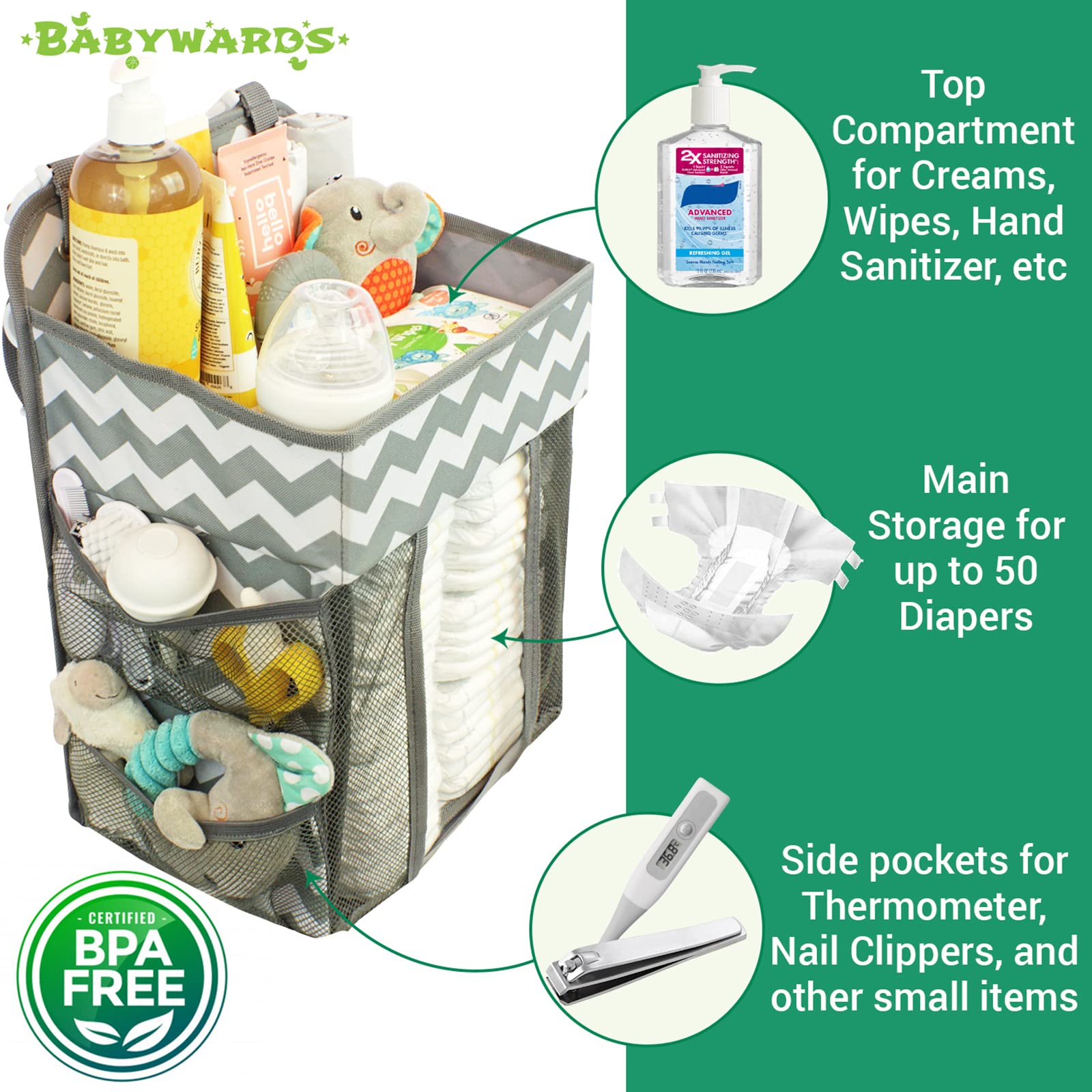 Babywards Hanging Diaper Caddy Organizer - Large Nursery Storage for Essential Newborn Baby Items - 2 Compartments, 3 Mesh Pockets - Durable Hooks to Hang on Bassinet, Changing Table, Crib