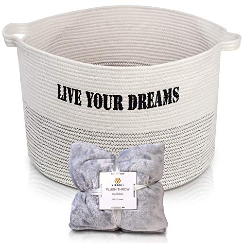 Cotton Rope Basket XXXL Inches Storage Bin with Handles for Sitting Room, Bedroom, Nursery - for Linens, Pillows, Blankets, Toys, Laundry w/Bonus Throw Blanket 50x70 Inches Inspiration Sentence