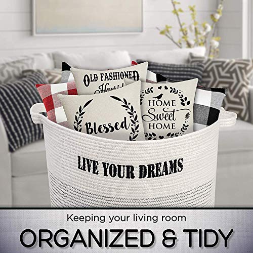 Cotton Rope Basket XXXL Inches Storage Bin with Handles for Sitting Room, Bedroom, Nursery - for Linens, Pillows, Blankets, Toys, Laundry w/Bonus Throw Blanket 50x70 Inches Inspiration Sentence