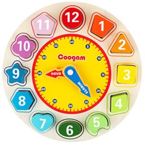 coogam wooden shape color sorting clock – teaching time number blocks puzzle stacking sorter jigsaw montessori early learning educational toy gift for year old kids