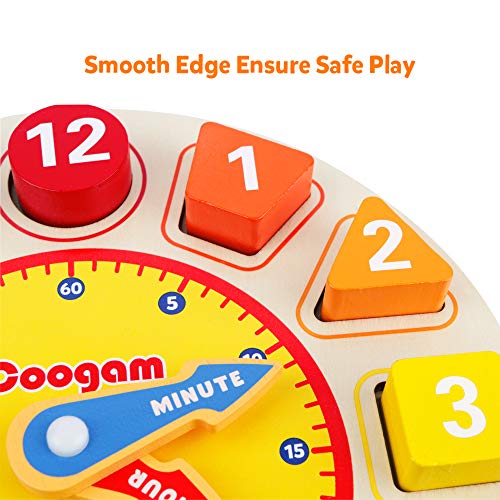 Coogam Wooden Shape Color Sorting Clock – Teaching Time Number Blocks Puzzle Stacking Sorter Jigsaw Montessori Early Learning Educational Toy Gift for Year Old Kids