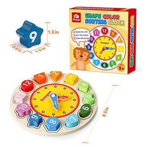 Coogam Wooden Shape Color Sorting Clock – Teaching Time Number Blocks Puzzle Stacking Sorter Jigsaw Montessori Early Learning Educational Toy Gift for Year Old Kids