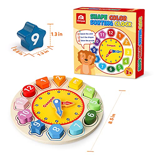 Coogam Wooden Shape Color Sorting Clock – Teaching Time Number Blocks Puzzle Stacking Sorter Jigsaw Montessori Early Learning Educational Toy Gift for Year Old Kids