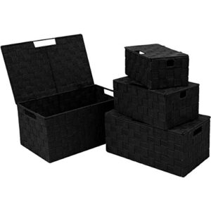 kedsum woven storage baskets boxes bins, storage baskets with lids, woven strap baskets, nylon woven storage baskets bin, built-in carry handles (black set of 4)