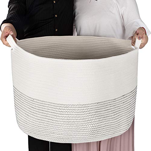 Hiromi Cotton Rope Basket - LARGETS in The Market, Decorative White Storage Bins for Room Organization - Firm Woven Hamper for Laundry - Toys, Cushion, Throw Pillow, Blanket Holder - 24in x 14in