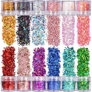 warmfits holographic chunky glitter 12 colors total 120g face body eye hair nail festival chunky holographic glitter different size stars and hexagons shaped (set a)