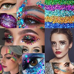 Warmfits Holographic Chunky Glitter 12 Colors Total 120g Face Body Eye Hair Nail Festival Chunky Holographic Glitter Different Size Stars and Hexagons Shaped (Set A)