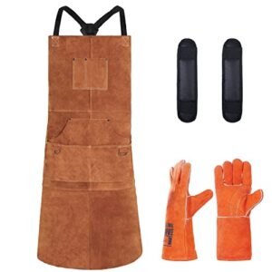 welding apron for men with welding gloves - heat & flame-resistant leather work shop blacksmith aprons, 24" x 36", adjustable m to xxxl
