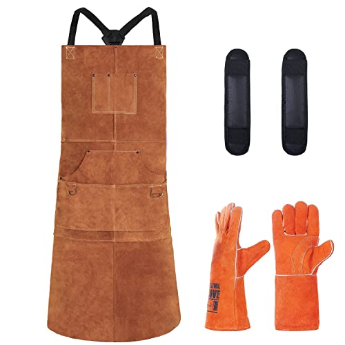 Welding Apron for Men with Welding Gloves - Heat & Flame-Resistant Leather Work Shop Blacksmith Aprons, 24" X 36", Adjustable M to XXXL