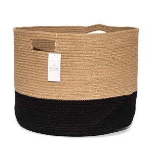 chloe and cotton xxxl extra large woven rope storage basket 15 x 21 inch jute black handles | decorative laundry clothes hamper, blanket, towel, baby nursery diaper, toy bin cute collapsible organizer