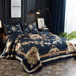 lamejor quilt set queen size retro floral pattern medallion style 3-piece reversible luxury soft comforter set bedspread coverlet set microfiber dark blue