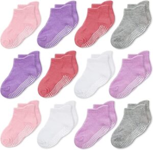 cozyway baby-boys, baby-girls non-slip socks with grippers, 12 pairs, ankle style for infants, toddlers, boys, girls, keep your little ones safe and comfy, assorted girls colors, girls 12pk, 1-3t