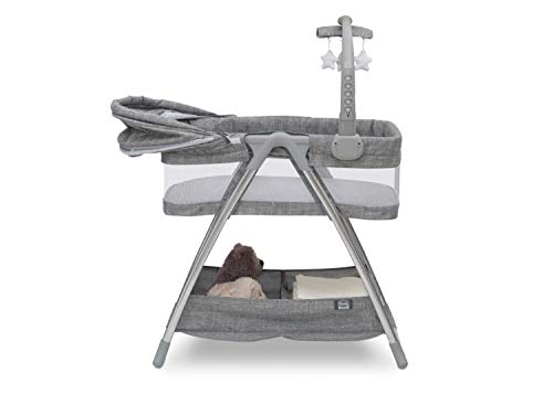 Simmons Kids City Sleeper Bedside Bassinet Portable Crib - Activity Mobile Arm with Nightlight, Vibrations, Twinkle Lights and Rotating Stars, Grey Tweed