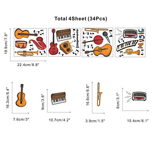 TOARTi Colorful Music Wall Decal (34pcs), Attractive Musical Instrument with Guitar Piano Musical Note Sticker for Classroom Music Studio Decoration