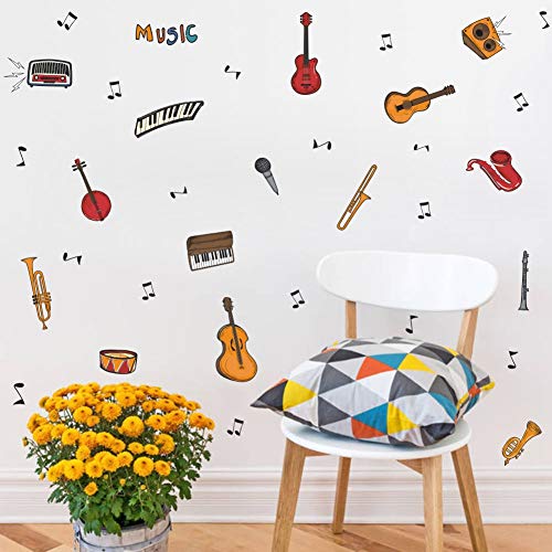 TOARTi Colorful Music Wall Decal (34pcs), Attractive Musical Instrument with Guitar Piano Musical Note Sticker for Classroom Music Studio Decoration