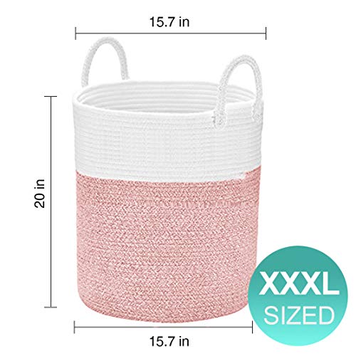 Spmor XXX-Large Storage Baskets Cotton Rope Basket Woven Baby Laundry Basket Sofa Throws Pillows Towels Toys or Nursery Cotton Rope Organizer Laundry Hamper with handles 20"x15.7"x15.7" Pink