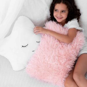 set of 2 decorative pillows for girls, toddler kids room. star pillow fluffy white embroidered and furry pink faux fur pillow. soft and plush girls pillows – throw pillows for kid’s bedroom décor