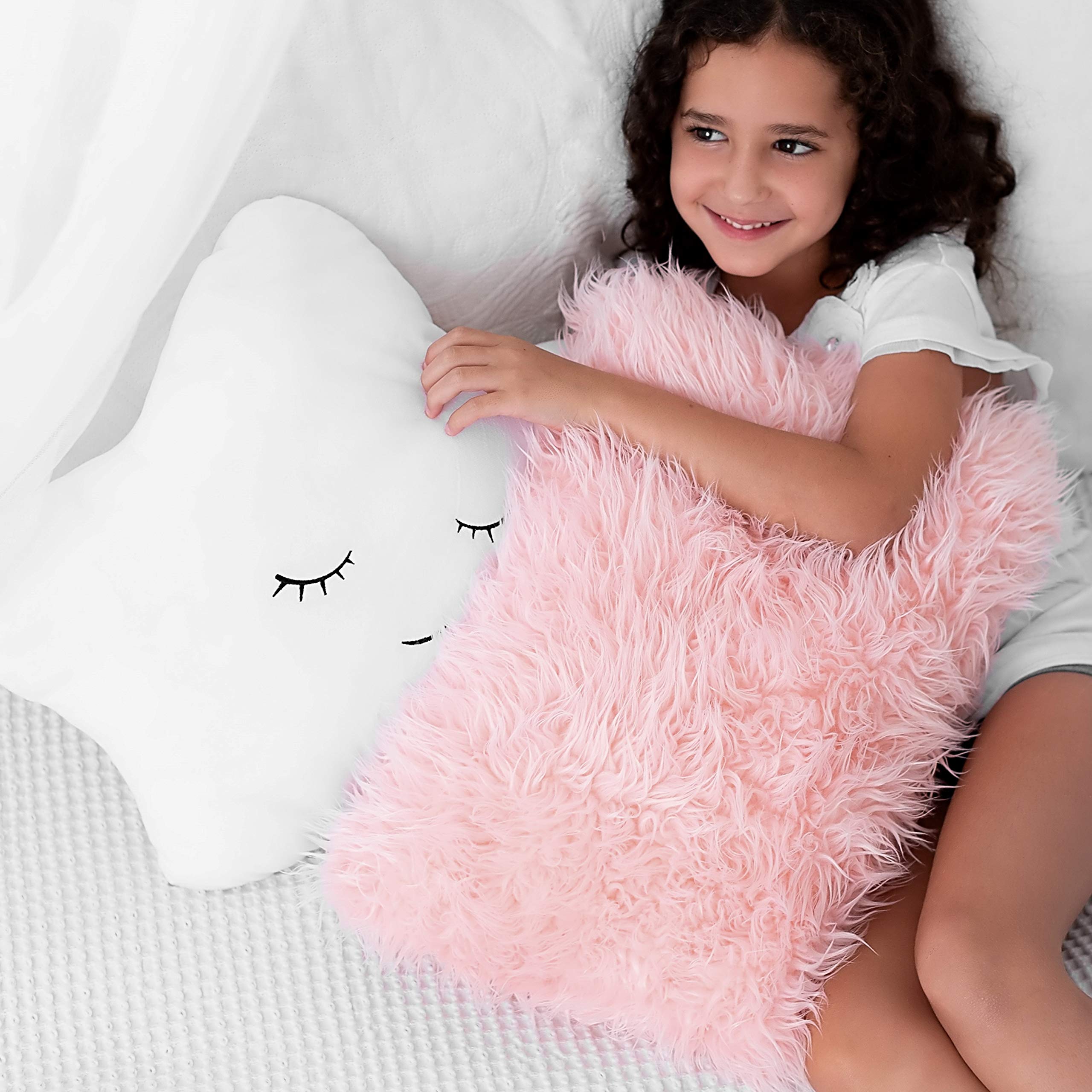 Set of 2 Decorative Pillows for Girls, Toddler Kids Room. Star Pillow Fluffy White Embroidered and Furry Pink Faux Fur Pillow. Soft and Plush Girls Pillows – Throw Pillows for Kid’s Bedroom Décor