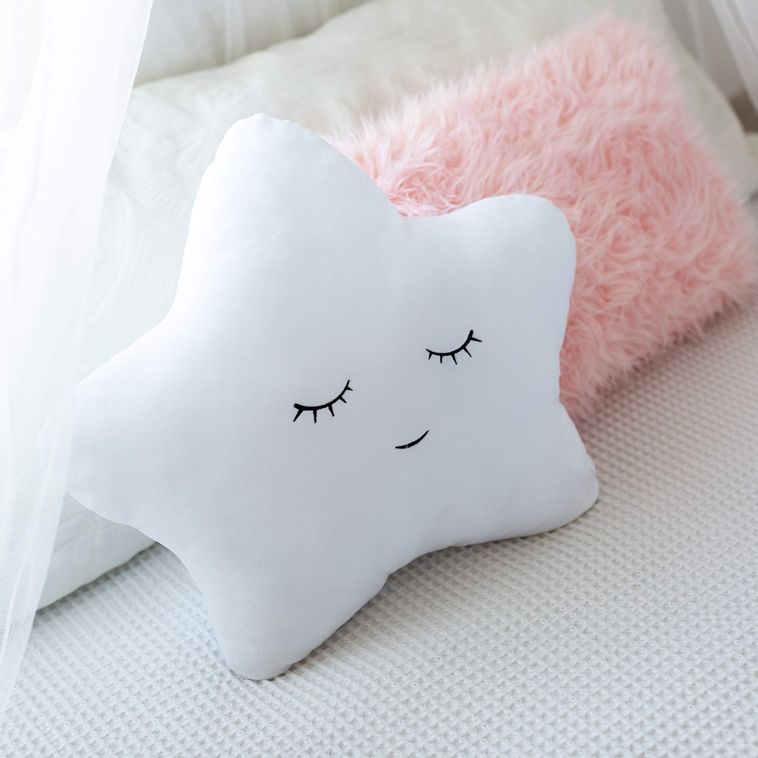 Set of 2 Decorative Pillows for Girls, Toddler Kids Room. Star Pillow Fluffy White Embroidered and Furry Pink Faux Fur Pillow. Soft and Plush Girls Pillows – Throw Pillows for Kid’s Bedroom Décor