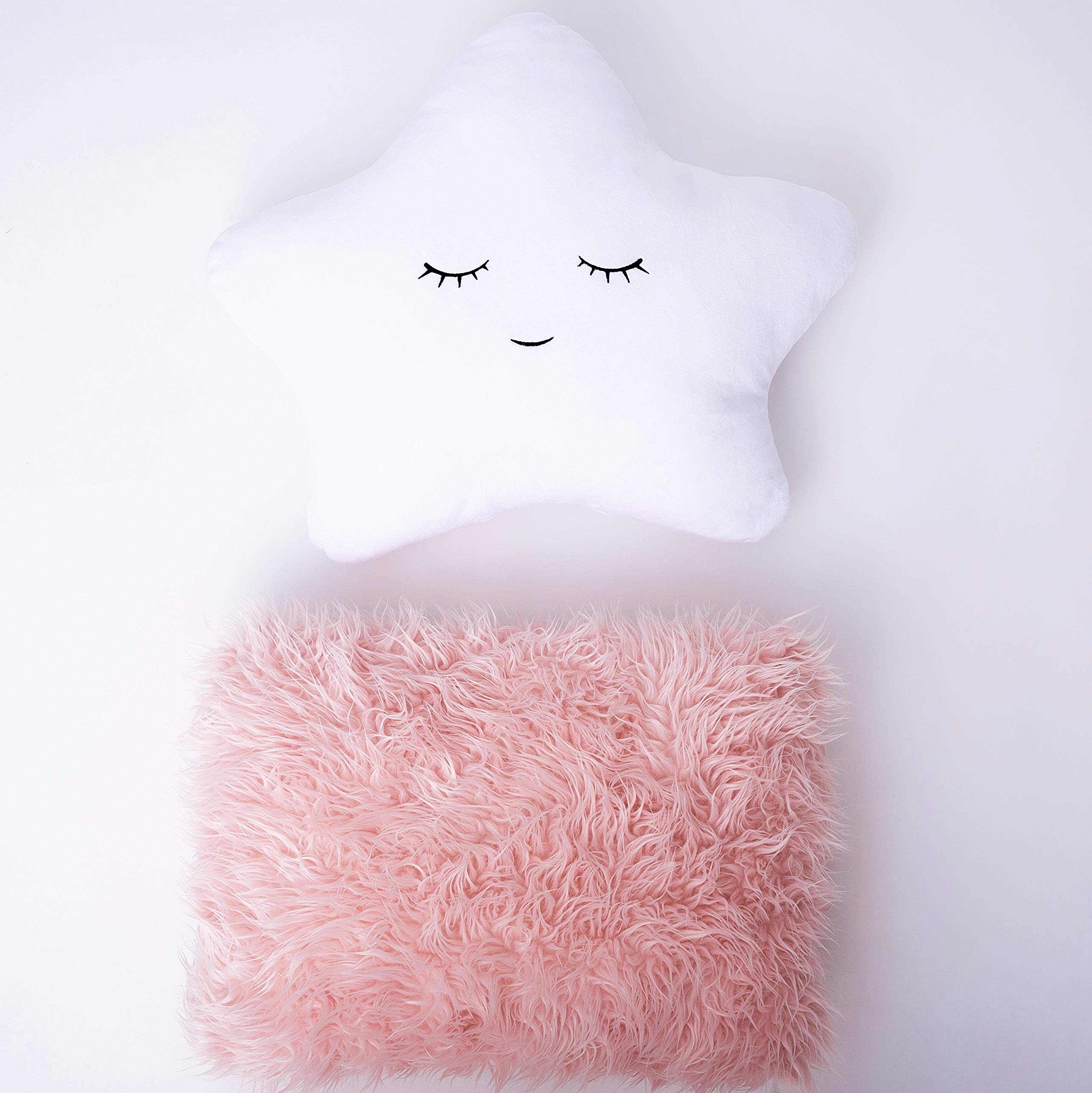 Set of 2 Decorative Pillows for Girls, Toddler Kids Room. Star Pillow Fluffy White Embroidered and Furry Pink Faux Fur Pillow. Soft and Plush Girls Pillows – Throw Pillows for Kid’s Bedroom Décor