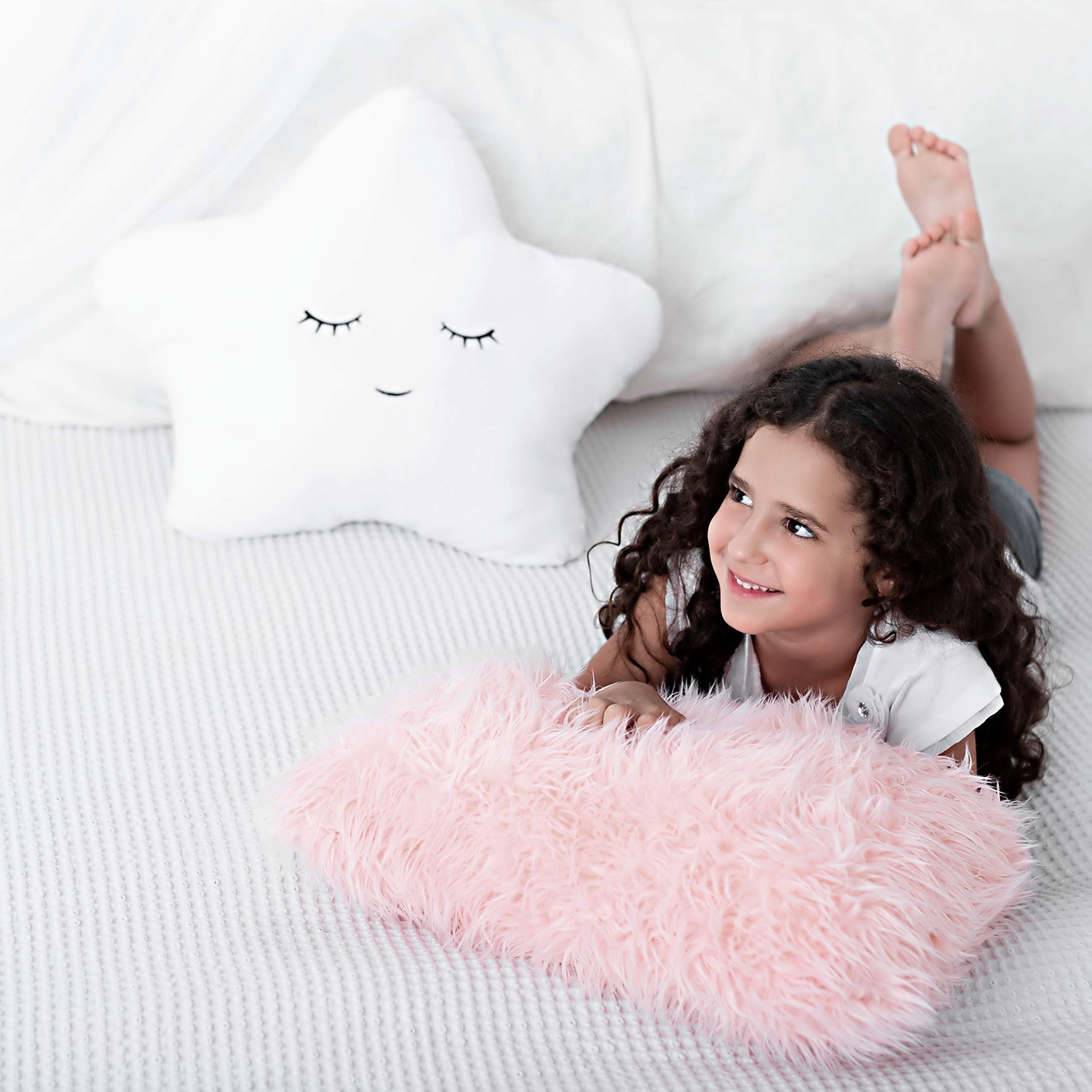 Set of 2 Decorative Pillows for Girls, Toddler Kids Room. Star Pillow Fluffy White Embroidered and Furry Pink Faux Fur Pillow. Soft and Plush Girls Pillows – Throw Pillows for Kid’s Bedroom Décor