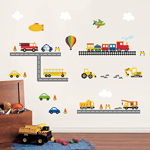 decalmile Construction Transportation Wall Decals Car Truck Plane Boys Wall Stickers Kids Bedroom Baby Nursery Playroom Wall Decor