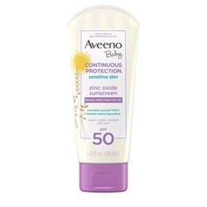 aveeno baby continuous protection zinc oxide mineral sunscreen lotion for sensitive skin, broad spectrum spf 50, tear-free, sweat- & water-resistant, paraben-free, travel-size, 3 fl. oz