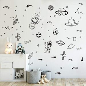 wall decor for boys room art outer space star rockets planets stickers removable space wall decal for children bedroom decoration (black)