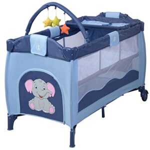 BABY JOY 3 in 1 Pack and Play, Portable Playard with Hanging Toys, 2 Lockable Wheels Diaper Changing Table, Foldable Travel Bassinet Bed (Blue)