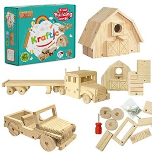 kraftic woodworking building kit for kids and adults, set of 3 educational diy carpentry construction wood model kit toy projects for boys and girls - off-road vehicle, flatbed truck, barn birdhouse