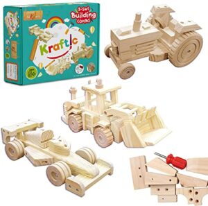 kraftic woodworking building kit for kids, with 3 educational diy carpentry construction wood model kit toy projects for boys and girls- tractor, bulldozer and racing car