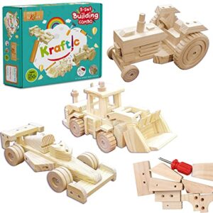 Kraftic Woodworking Building Kit for Kids, with 3 Educational DIY Carpentry Construction Wood Model Kit Toy Projects for Boys and Girls- Tractor, Bulldozer and Racing Car