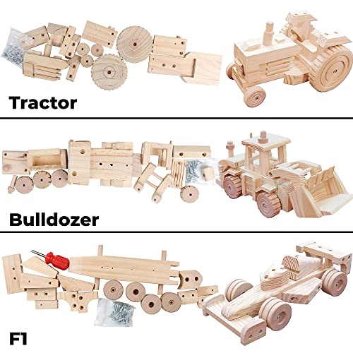 Kraftic Woodworking Building Kit for Kids, with 3 Educational DIY Carpentry Construction Wood Model Kit Toy Projects for Boys and Girls- Tractor, Bulldozer and Racing Car