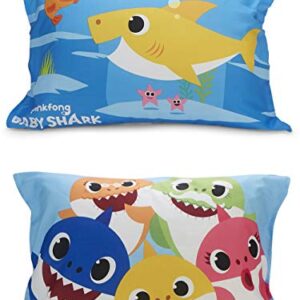 Baby Shark 4 Piece Toddler Bedding Set - Includes Quilted Comforter, Fitted Sheet, Top Sheet, and Pillow Case, Blue